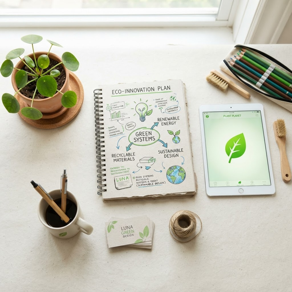 Sustainability workspace with plants, recycled materials and eco sketches
